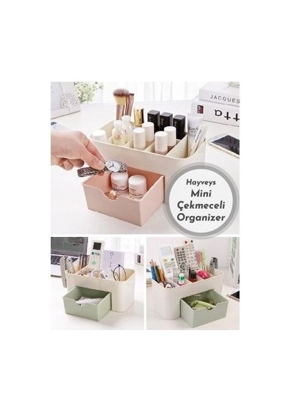 Mini Çekmeceli Kozmetik Düzenleyici Organizer Dayanıklı Plastik 11x22x10.5 cm Yeşil Krem Pembe