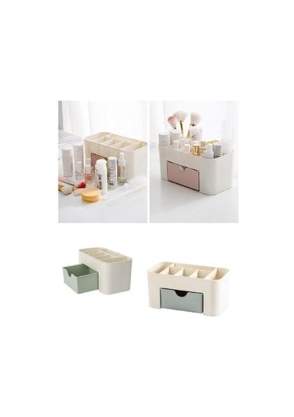 Mini Çekmeceli Kozmetik Düzenleyici Organizer Dayanıklı Plastik 11x22x10.5 cm Yeşil Krem Pembe