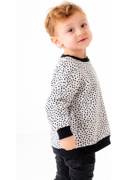 Mini Kids – Tiny Siyah/beyaz Puantiyeli, %100 Pamuk Iki Iplik, Bisiklet Yaka Çocuk Sweatshirt