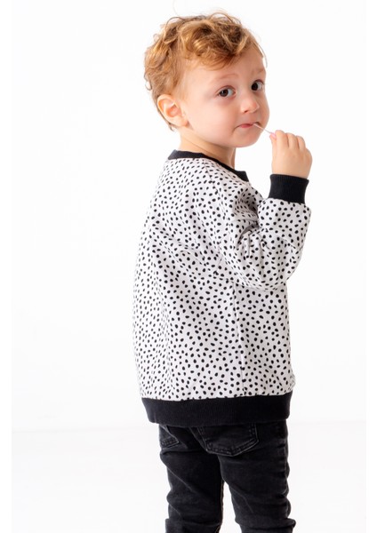 Mini Kids – Tiny Siyah/beyaz Puantiyeli, %100 Pamuk Iki Iplik, Bisiklet Yaka Çocuk Sweatshirt fırsatları