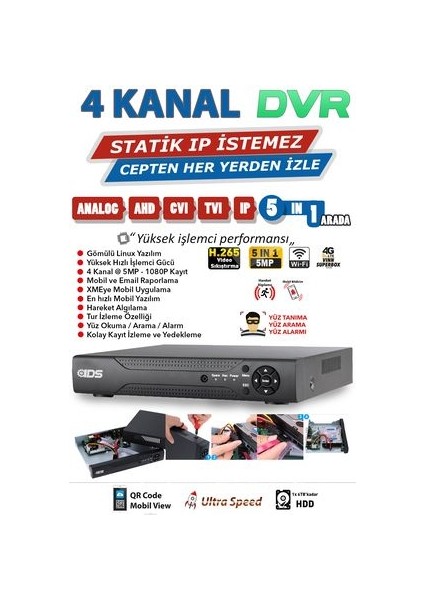 4 Kameralı 5MP 1080P Full HD Güvenlik Sistemi – IP66 Su Geçirmez, Gece Görüşlü, Telefon Uygulaması ile İzleme, H.265 5in1 Kayıt fırsatları
