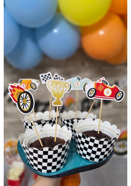Retro Yarış Arabaları Konsept Kürdan Süsleri Cupcake Süsleri Büyük Boy 10LU Paket