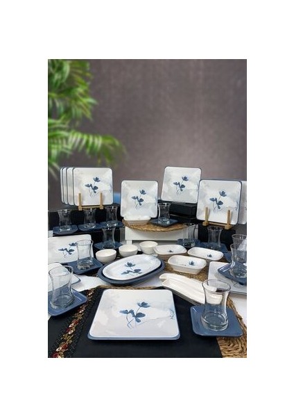 Stoneware Kahvaltı Takımı 12 Kişilik 47 Parça Kare Form Mavi Beyaz Desenli Şık Tasarım
