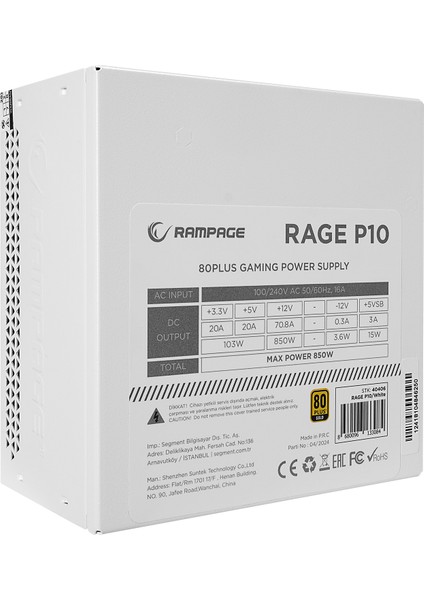 Rage P10 850W 80+ Gold Apfc 14CM Hdb Fan Full-Moduler Atx3.0+Pcıe5.0 Beyaz Gaming Power Supp