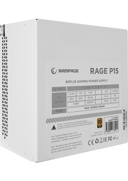 Rage P15 1000W 80+ Gold Apfc 14CM Hdb Fan Full-Moduler Atx3.0+Pcıe5.0 Beyaz Gaming Power Sup