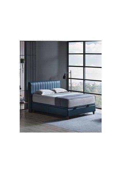 Bedding Power Up Motorlu Baza Başlık Set 160x200 cm - Lacivert (Ceviz Ayak)
