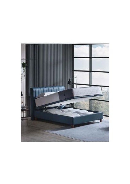 Bedding Power Up Motorlu Baza Başlık Set 160x200 cm - Lacivert (Ceviz Ayak)