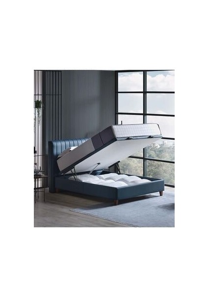 Bedding Power Up Motorlu Baza Başlık Set 160x200 cm - Lacivert (Ceviz Ayak)