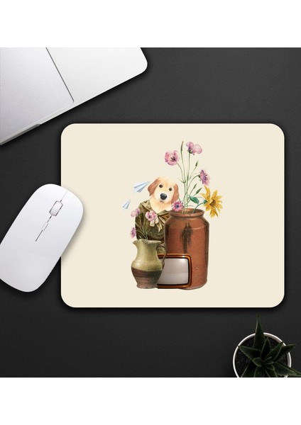 Byars-Kupa & Bej Renk Köpek ve Çiçek Motifli Mouse Pad 23X19CM Fare Altlığı Kaydırmaz Taban DE590 Byarsbilişim