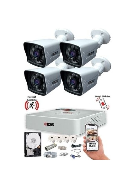 4 Kameralı Güvenlik Kamerası Seti - Cepten İzleme - Fullhd - Gece Görüşlü - Su Geçirmez -A1546