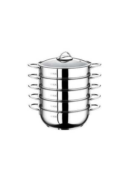 6090-C - 6 Parça Paslanmaz Çelik, Cam Kapaklı 32x10 Cm - 7 Litre Buharlı Pişirici, Mantı Tenceresi