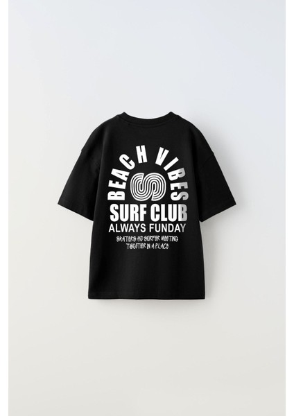 Beach Vıbes Surf Club Yazılı Ters S Tasarım Baskılı Siyah Unisex Çocuk T-Shirt