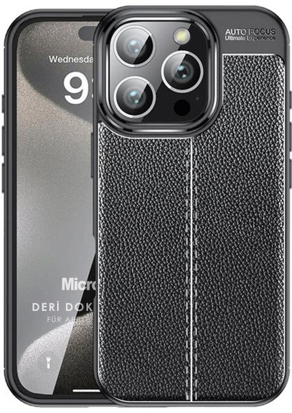 Apple iPhone 16 Pro Max Kılıf Deri Dokulu Silikon Siyah