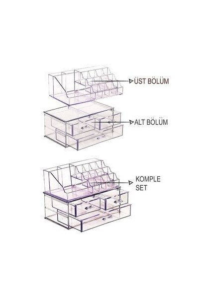 Makyaj Kutusu 3 Çekmeceli ve Üst Raflı Takı Aksesuar Organizeri