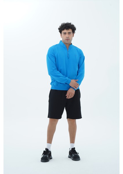 Mavi Yarım Fermuarlı Pamuklu Erkek Oversize Sweatshirt