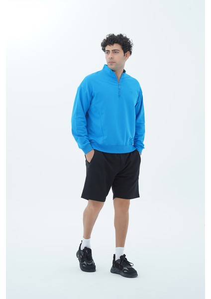 Mavi Yarım Fermuarlı Pamuklu Erkek Oversize Sweatshirt