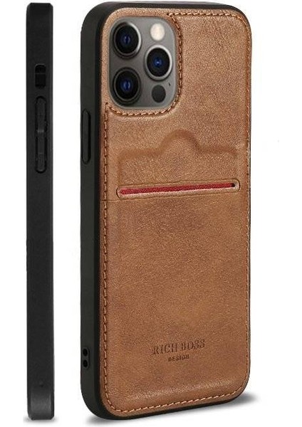 Apple iPhone 12 Pro Kartlıklı Rich Boss Lüx Deri Kılıf Açık Kahve
