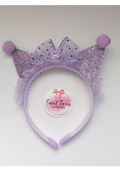 Sweet Twins Accessories Kuromi Işıltılı Tüllü Taç Fiyonklu Ponponlu Mor Çocuk Tacı