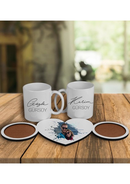 Çiftlere Özel Tasarım Kupa Bardaklar ve Ahşap Bardak Altlığı 101830