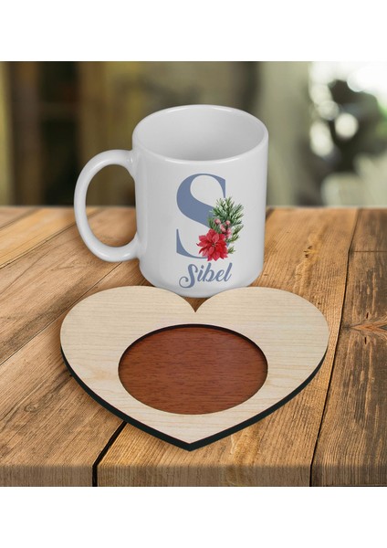 Kişiye Özel Tasarım Kupa Bardak ve Kalp Ahşap Bardak Altlığı 100589
