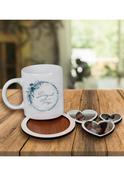 Kişiye Özel Tasarım Kupa Bardak ve Fotoğraflı Kalpler Ahşap Bardak Altlığı 100067
