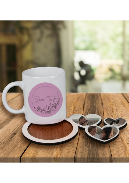 Kişiye Özel Tasarım Kupa Bardak ve Fotoğraflı Kalpler Ahşap Bardak Altlığı 99835
