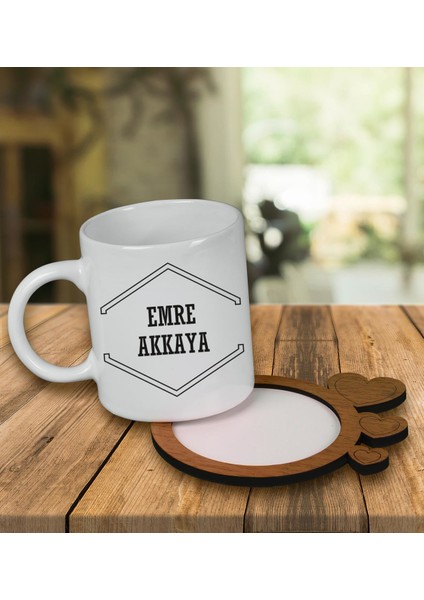 Kişiye Özel Tasarım Kupa Bardak ve Kalp Desenli Ahşap Bardak Altlığı 99547