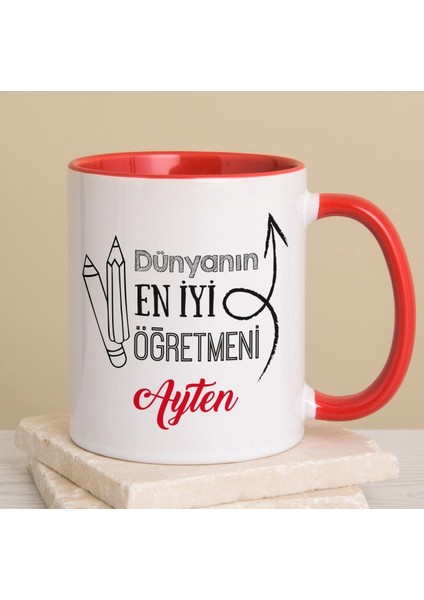 Kişiye Özel Dünyanın En Iyi Öğretmeni Kırmızı Kulplu Kupa Bardak 80233