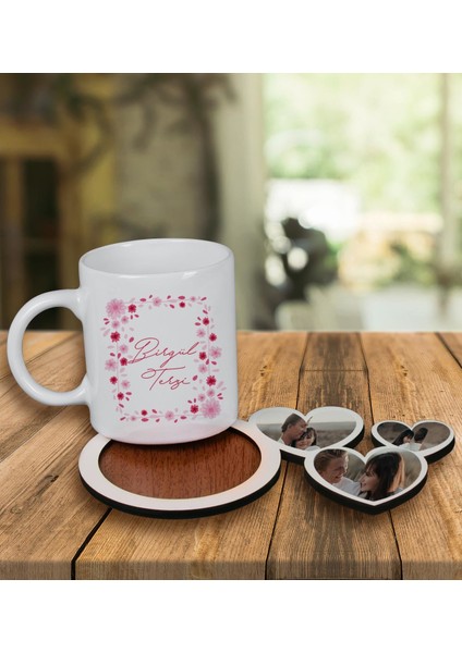 Kişiye Özel Tasarım Kupa Bardak ve Fotoğraflı Kalpler Ahşap Bardak Altlığı 100085