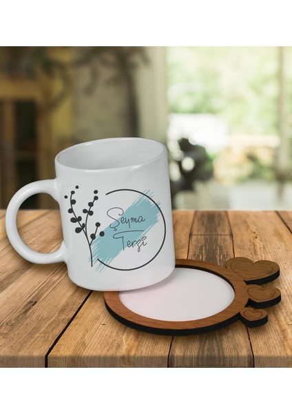 Kişiye Özel Tasarım Kupa Bardak ve Kalp Desenli Ahşap Bardak Altlığı 99506