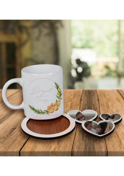 Kişiye Özel Tasarım Kupa Bardak ve Fotoğraflı Kalpler Ahşap Bardak Altlığı 100050