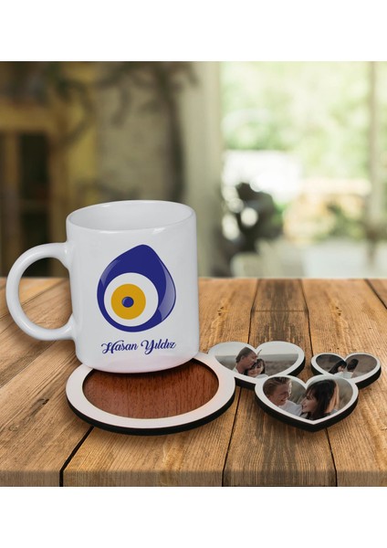 Kişiye Özel Tasarım Kupa Bardak ve Fotoğraflı Kalpler Ahşap Bardak Altlığı 99927