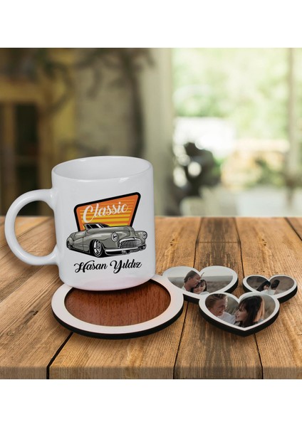 Kişiye Özel Tasarım Kupa Bardak ve Fotoğraflı Kalpler Ahşap Bardak Altlığı 99915
