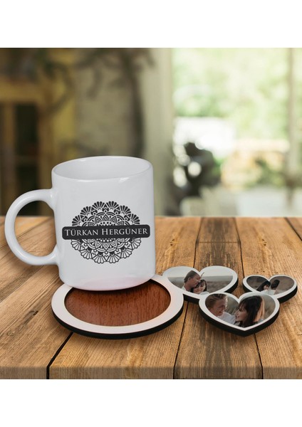 Kişiye Özel Tasarım Kupa Bardak ve Fotoğraflı Kalpler Ahşap Bardak Altlığı 99844