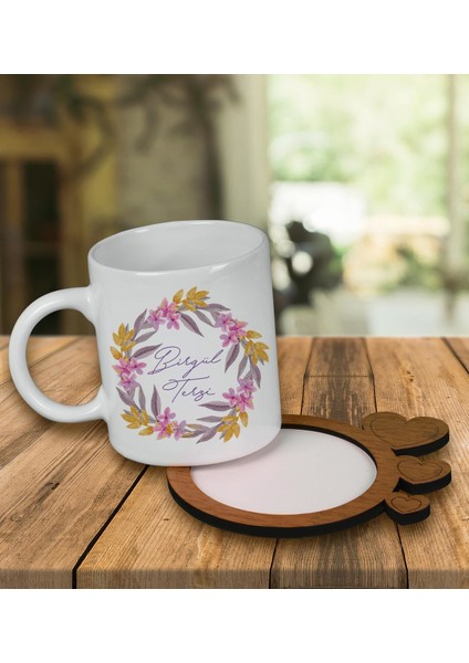 Kişiye Özel Tasarım Kupa Bardak ve Kalp Desenli Ahşap Bardak Altlığı 99727