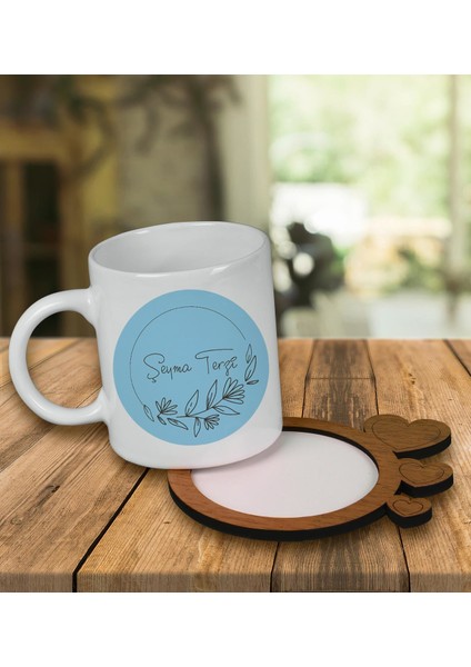 Kişiye Özel Tasarım Kupa Bardak ve Kalp Desenli Ahşap Bardak Altlığı 99504