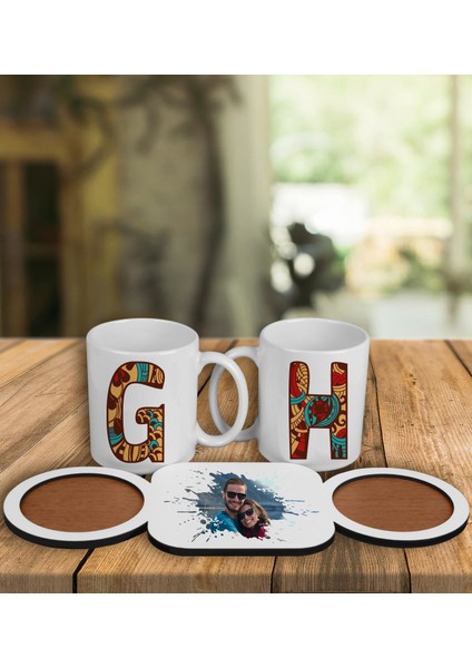 Çiftlere Özel Tasarım Kupa Bardaklar ve Ahşap Bardak Altlığı 101837