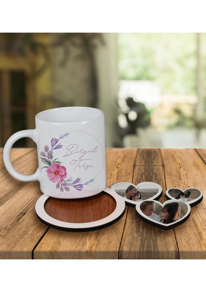 Kişiye Özel Tasarım Kupa Bardak ve Fotoğraflı Kalpler Ahşap Bardak Altlığı 100062