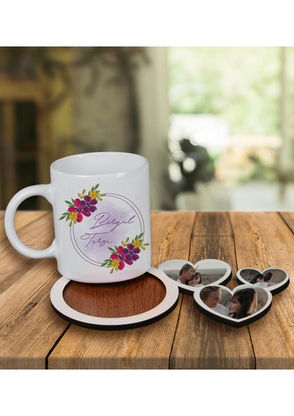Kişiye Özel Tasarım Kupa Bardak ve Fotoğraflı Kalpler Ahşap Bardak Altlığı 100000