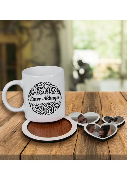 Kişiye Özel Tasarım Kupa Bardak ve Fotoğraflı Kalpler Ahşap Bardak Altlığı 99889