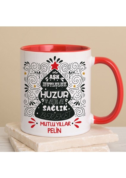Kişiye Özel Yeni Yıl Dilekleri Yılbaşı Ağacı Kırmızı Kulplu Kupa Bardak 80230