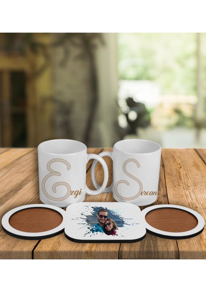 Çiftlere Özel Tasarım Kupa Bardaklar ve Ahşap Bardak Altlığı 101836