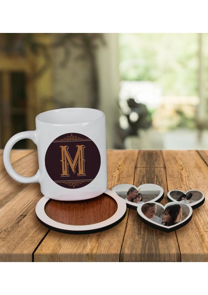 Kişiye Özel Tasarım Kupa Bardak ve Fotoğraflı Kalpler Ahşap Bardak Altlığı 100105