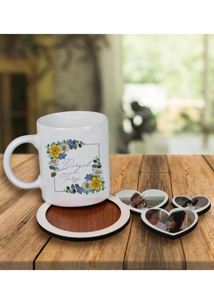 Kişiye Özel Tasarım Kupa Bardak ve Fotoğraflı Kalpler Ahşap Bardak Altlığı 100044