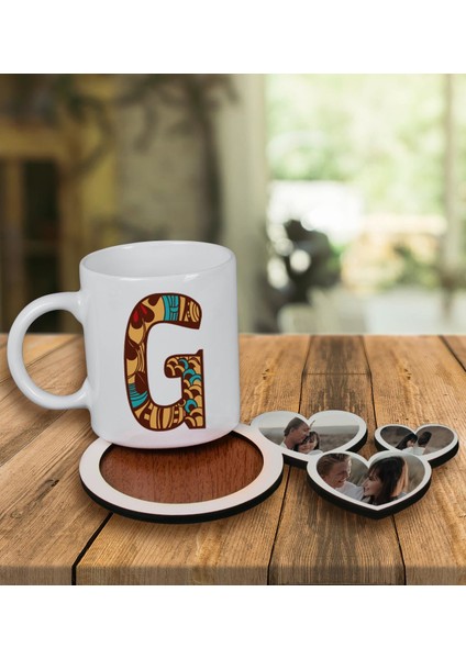 Kişiye Özel Tasarım Kupa Bardak ve Fotoğraflı Kalpler Ahşap Bardak Altlığı 99961