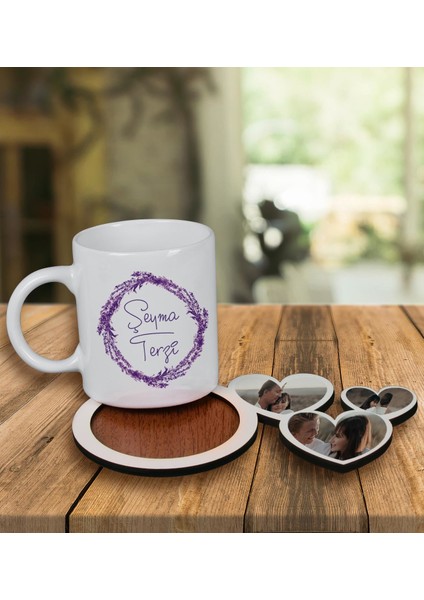 Kişiye Özel Tasarım Kupa Bardak ve Fotoğraflı Kalpler Ahşap Bardak Altlığı 99855