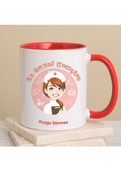 Kişiye Özel En Güzel Hemşire Kırmızı Kulplu Kupa Bardak 80228