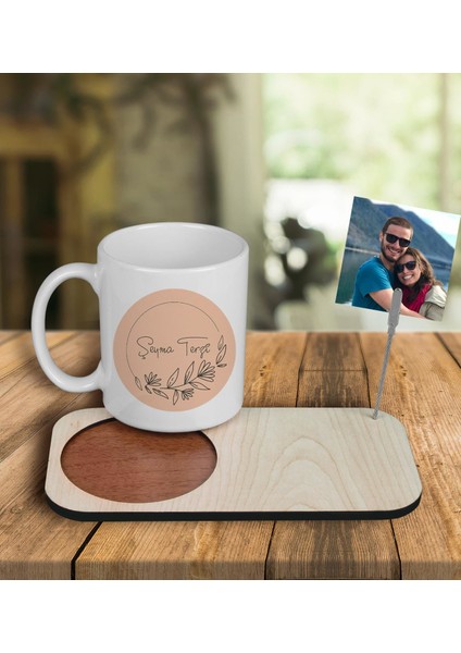 Kişiye Özel Tasarım Kupa Bardak ve Fotoğraflı Notluk Ahşap Bardak Altlığı 100832