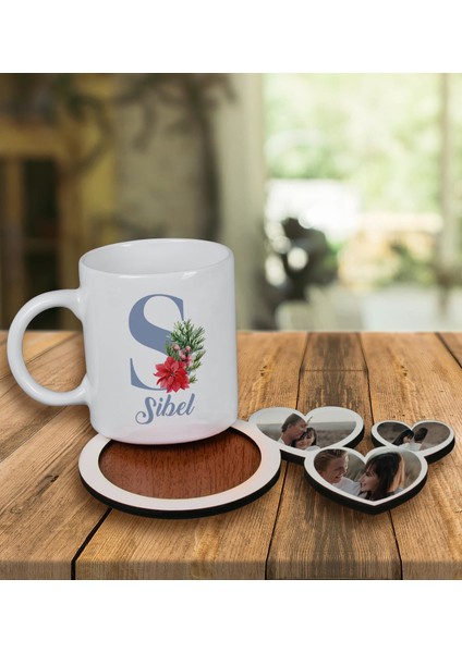Kişiye Özel Tasarım Kupa Bardak ve Fotoğraflı Kalpler Ahşap Bardak Altlığı 99924