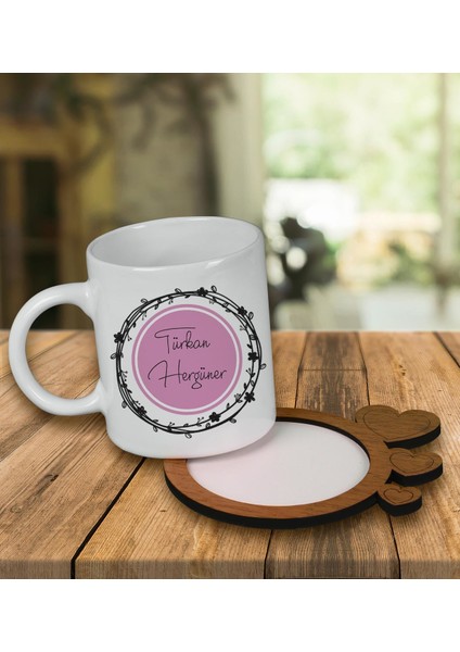 Kişiye Özel Tasarım Kupa Bardak ve Kalp Desenli Ahşap Bardak Altlığı 99493